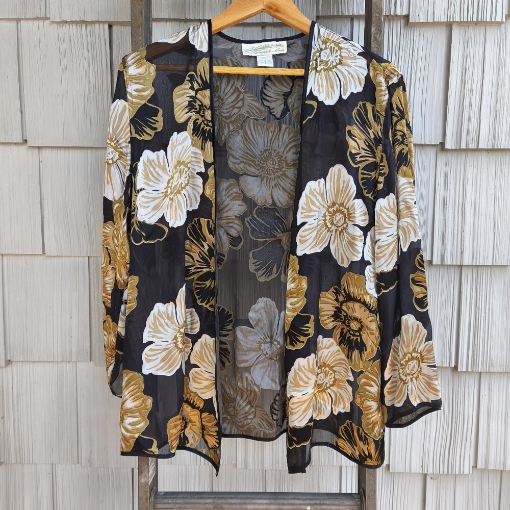 90s y2k Pineapple Moon Satin Burnout Tropical Floral Open Cardigan sz S/M Black
